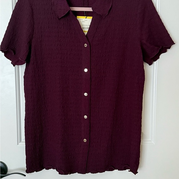 NEW Anne Klein Deep Plum Button-Down Knit Shirt with ruffle Edge size M - Picture 1 of 5